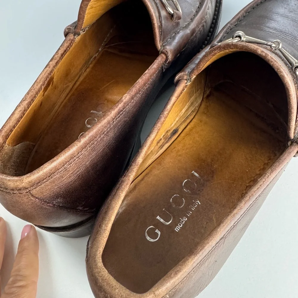Gucci Horsebit Men's Brown Leather Silver Tone Metal Loafers Shoes 10.5